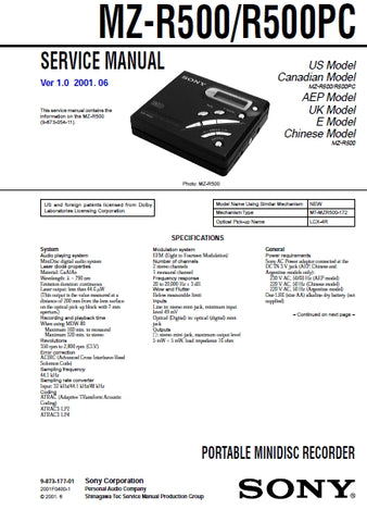 SONY MZ-R500 MZ-R500PC PORTBLE MINIDISC RECORDER SERVICE MANUAL INC SCHEM DIAGS 58 PAGES ENG