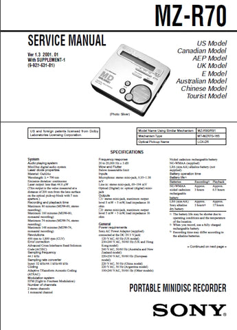 SONY MZ-R70 PORTBLE MINIDISC RECORDER SERVICE MANUAL INC SCHEM DIAGS 51 PAGES ENG