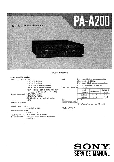 SONY PA-A200 CONTROL POWER AMPLIFIER SERVICE MANUAL 54 PAGES ENG