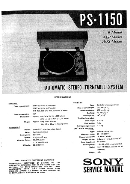 SONY PS-1150 AUTOMATIC STEREO TURNTABLE SYSTEM SERVICE MANUAL INC SCHEM DIAGS 14 PAGES ENG