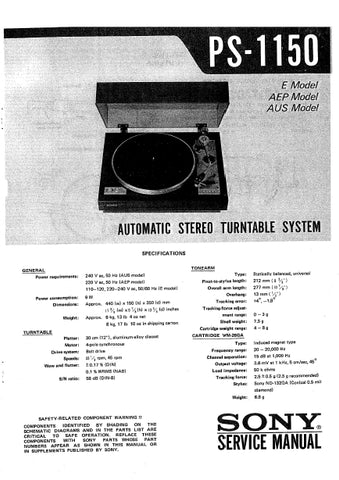 SONY PS-1150 AUTOMATIC STEREO TURNTABLE SYSTEM SERVICE MANUAL INC SCHEM DIAGS 14 PAGES ENG