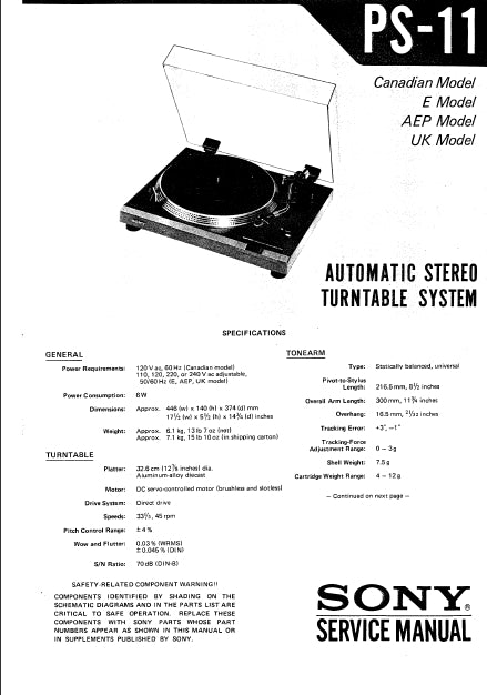 SONY PS-11 AUTOMATIC STEREO TURNTABLE SYSTEM SERVICE MANUAL INC SCHEM DIAGS 23 PAGES ENG