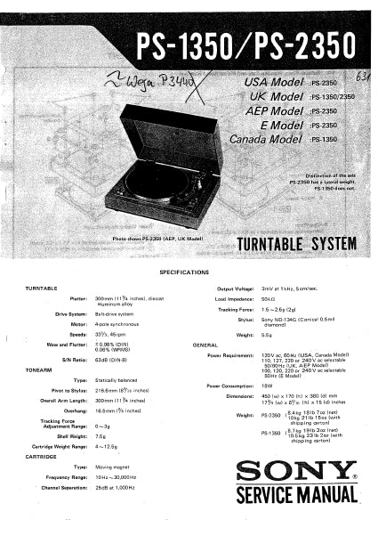 SONY PS-1350 PS-2350 TURNTABLE SYSTEM SERVICE MANUAL INC SCHEM DIAGS 12 PAGES ENG