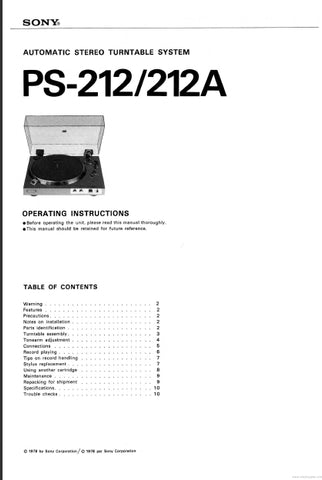 SONY PS-212 PS-212A AUTOMATIC STEREO TURNTABLE SYSTEM OPERATING INSTRUCTIONS 10 PAGES ENG