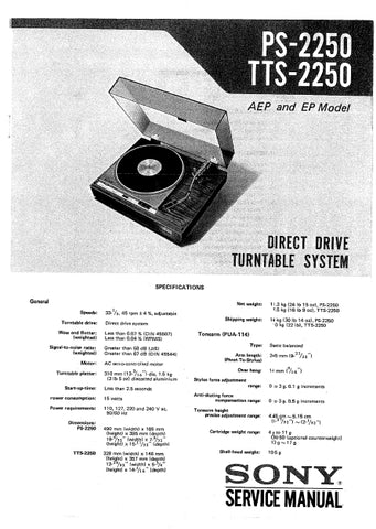 SONY PS-2250 TTS-2250 DIRECT DRIVE TURNTABLE SYSTEM SERVICE MANUAL INC SCHEM DIAGS 26 PAGES ENG
