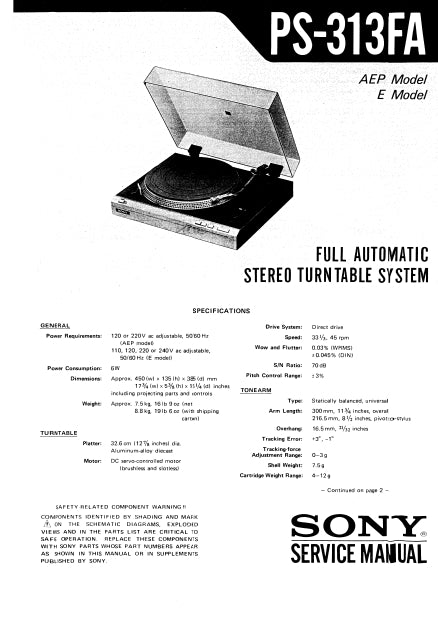 SONY PS-313FA FULL AUTOMATIC STEREO TURNTABLE SYSTEM SERVICE MANUAL INC SCHEM DIAGS 34 PAGES ENG