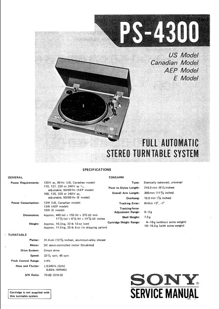 SONY PS-4300 FULL AUTOMATIC STEREO TURNTABLE SYSTEM SERVICE MANUAL INC SCHEM DIAGS 46 PAGES ENG