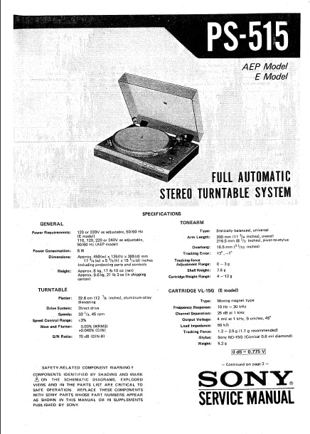 SONY PS-515 FULL AUTOMATIC STEREO TURNTABLE SYSTEM SERVICE MANUAL INC SCHEM DIAGS 30 PAGES ENG