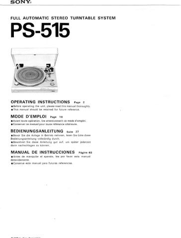 SONY PS-515 FULL AUTOMATIC STEREO TURNTABLE SYSTEM OPERATING INSTRUCTIONS MODE D'EMPLOI BEDIENUNGSANLEITUNG MANUAL DE INSTRUCCIONES 52 PAGES ENG FRANC DEUT ESP