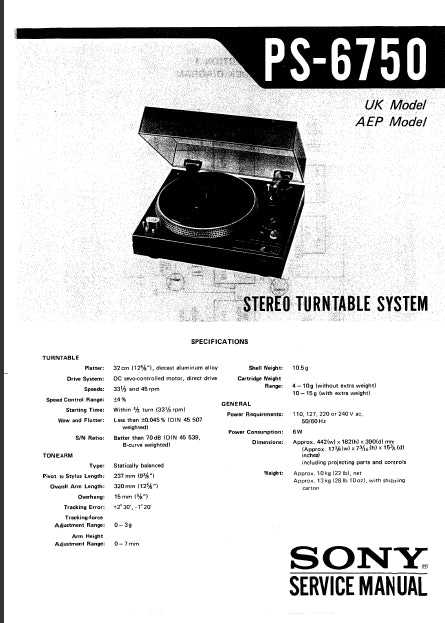 SONY PS-6750 STEREO TURNTABLE SYSTEM SERVICE MANUAL INC SCHEM DIAGS 15 PAGES ENG