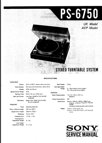 SONY PS-6750 STEREO TURNTABLE SYSTEM SERVICE MANUAL INC SCHEM DIAGS 15 PAGES ENG