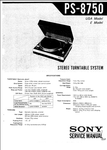 SONY PS-8750 STEREO TURNTABLE SYSTEM SERVICE MANUAL INC SCHEM DIAGS 17 PAGES ENG