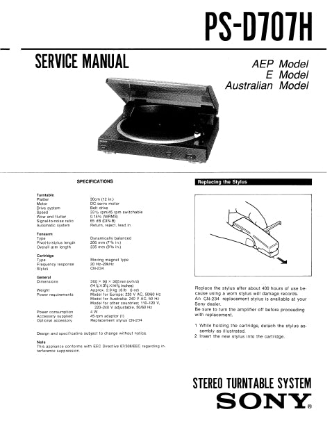 SONY PS-D707H STEREO TURNTABLE SYSTEM SERVICE MANUAL INC SCHEM DIAGS 8 PAGES ENG
