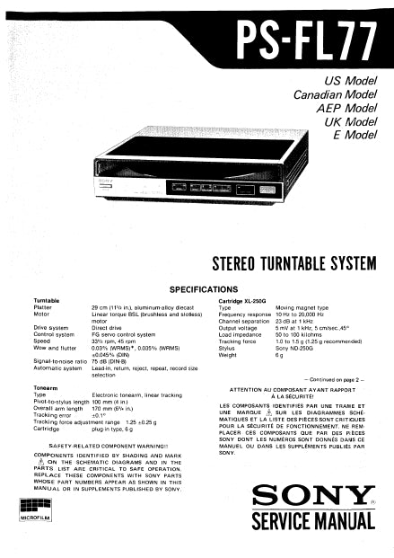 SONY PS-FL77 STEREO TURNTABLE SYSTEM SERVICE MANUAL INC SCHEM DIAGS 38 PAGES ENG