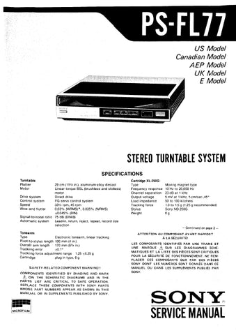 SONY PS-FL77 STEREO TURNTABLE SYSTEM SERVICE MANUAL INC SCHEM DIAGS 38 PAGES ENG