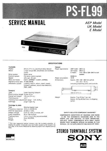 SONY PS-FL99 STEREO TURNTABLE SYSTEM SERVICE MANUAL INC SCHEM DIAGS 55 PAGES ENG