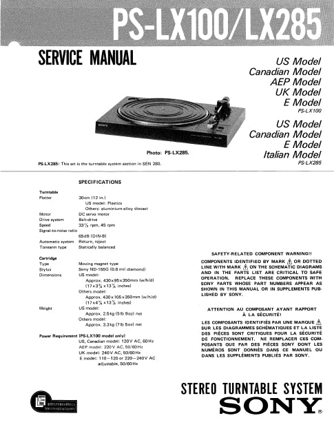 SONY PS-LX100 PS-LX285 PS-LX110 PS-LX295 STEREO TURNTABLE SYSTEM SERVICE MANUAL INC SCHEM DIAGS 10 PAGES ENG