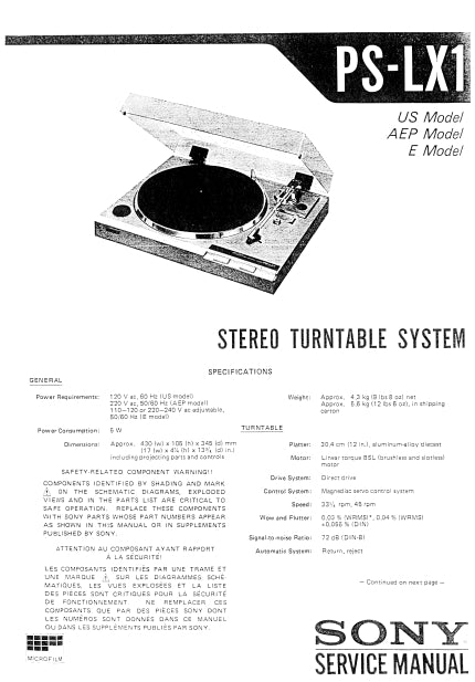 SONY PS-LX1 STEREO TURNTABLE SYSTEM SERVICE MANUAL INC SCHEM DIAGS 16 PAGES ENGLISH