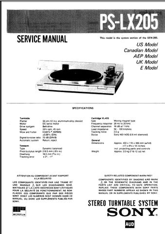 SONY PS-LX205 STEREO TURNTABLE SYSTEM SERVICE MANUAL INC SCHEM DIAGS 12 PAGES ENG