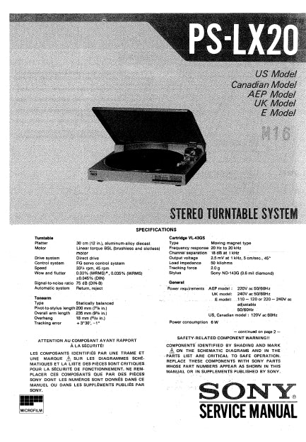 SONY PS-LX20 STEREO TURNTABLE SYSTEM SERVICE MANUAL INC SCHEM DIAGS 29 PAGES ENG