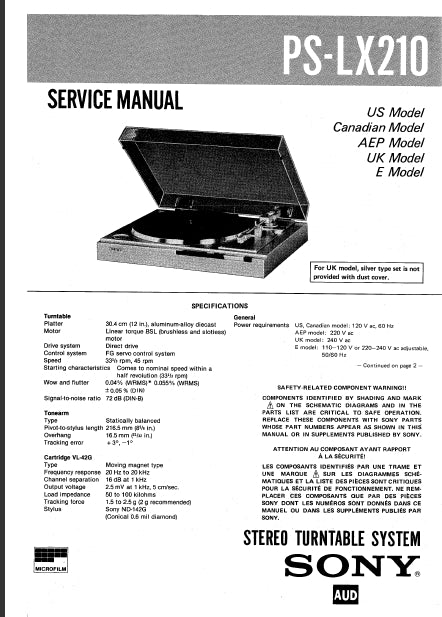 SONY PS-LX210 STEREO TURNTABLE SYSTEM SERVICE MANUAL INC SCHEM DIAGS 26 PAGES ENG