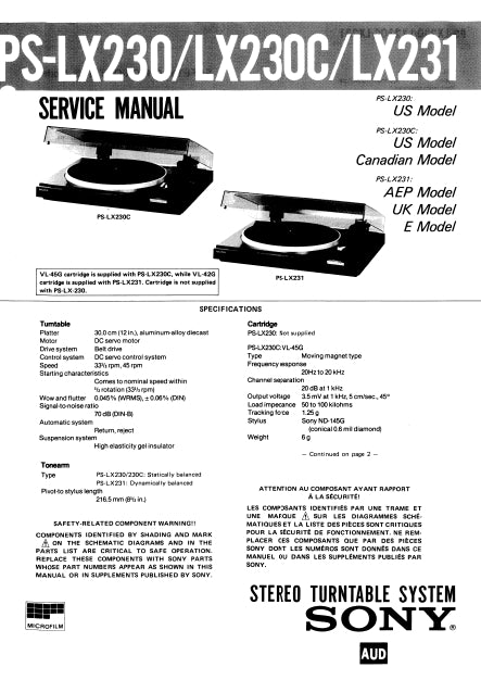 SONY PS-LX230 PS-LX230C PS-LX231 STEREO TURNTABLE SYSTEM SERVICE MANUAL INC SCHEM DIAGS 14 PAGES ENG