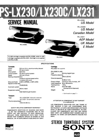 SONY PS-LX230 PS-LX230C PS-LX231 STEREO TURNTABLE SYSTEM SERVICE MANUAL INC SCHEM DIAGS 14 PAGES ENG