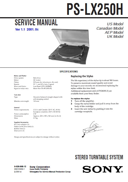 SONY PS-LX250H STEREO TURNTABLE SYSTEM SERVICE MANUAL 5 PAGES ENG