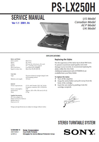 SONY PS-LX250H STEREO TURNTABLE SYSTEM SERVICE MANUAL 5 PAGES ENG