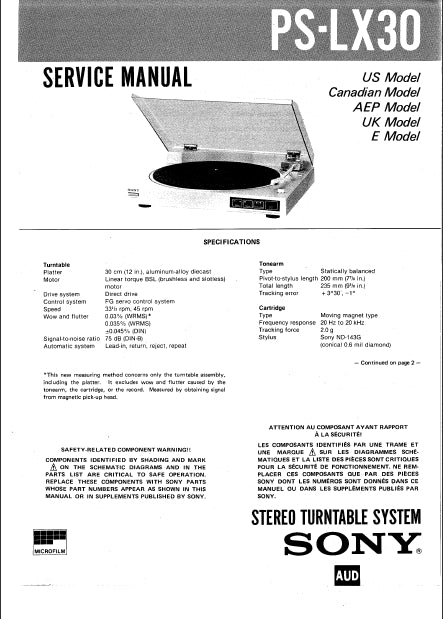 SONY PS-LX30 STEREO TURNTABLE SYSTEM SERVICE MANUAL INC SCHEM DIAGS 28 PAGES ENG