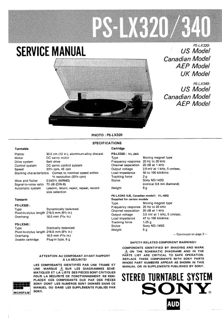 SONY PS-LX320 PS-LX340 STEREO TURNTABLE SYSTEM SERVICE MANUAL INC SCHEM DIAGS 30 PAGES ENG