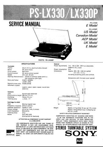 SONY PS-LX330 PS-LX330P STEREO TURNTABLE SYSTEM SERVICE MANUAL INC SCHEM DIAGS 27 PAGES ENG