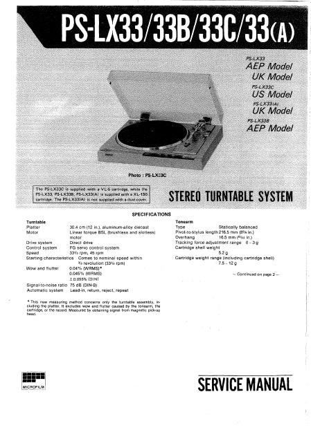 SONY PS-LX33 PS-LX33B PS-LX33C PS-LX33A STEREO TURNTABLE SYSTEM SERVICE MANUAL INC SCHEM DIAGS 44 PAGES ENG