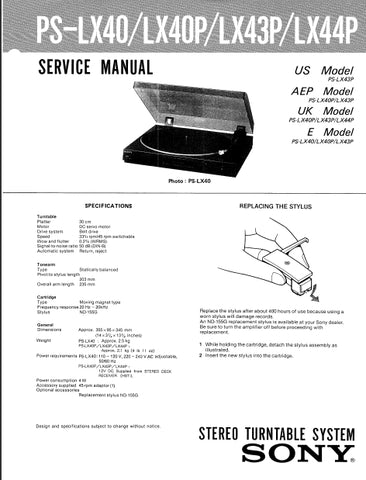 SONY PS-LX40 PS-LX40P PS-LX43P PS-LX44P STEREO TURNTABLE SYSTEM SERVICE MANUAL INC SCHEM DIAGS 6 PAGES ENGLISH