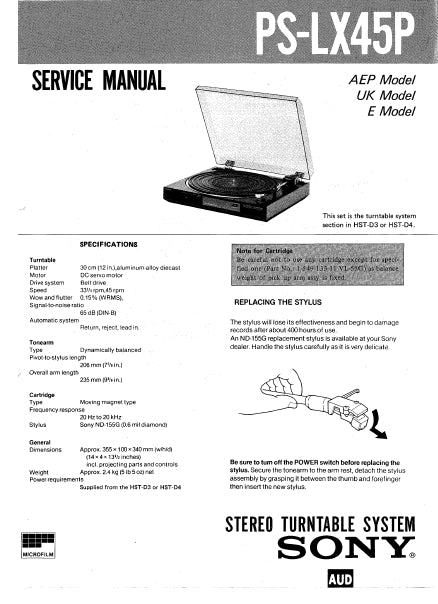 SONY PS-LX45P STEREO TURNTABLE SYSTEM SERVICE MANUAL INC SCHEM DIAGS 7 PAGES ENG