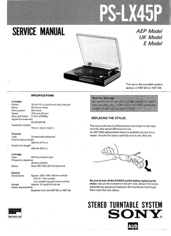 SONY PS-LX45P STEREO TURNTABLE SYSTEM SERVICE MANUAL INC SCHEM DIAGS 7 PAGES ENG