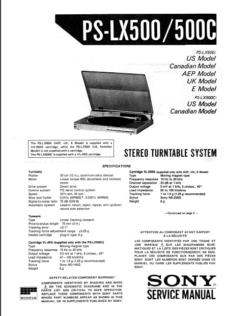 SONY PS-LX500 PS-LX500C STEREO TURNTABLE SYSTEM SERVICE MANUAL INC SCHEM DIAGS 25 PAGES ENGLISH
