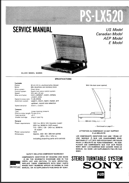 SONY PS-LX520 STEREO TURNTABLE SYSTEM SERVICE MANUAL INC SCHEM DIAGS 30 PAGES ENG
