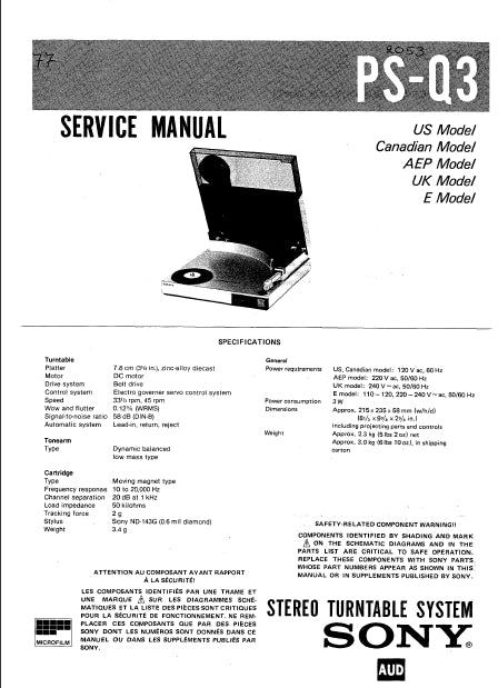 SONY PS-Q3 PS-Q3A STEREO TURNTABLE SYSTEM SERVICE MANUAL INC SCHEM DIAGS 22 PAGES ENG