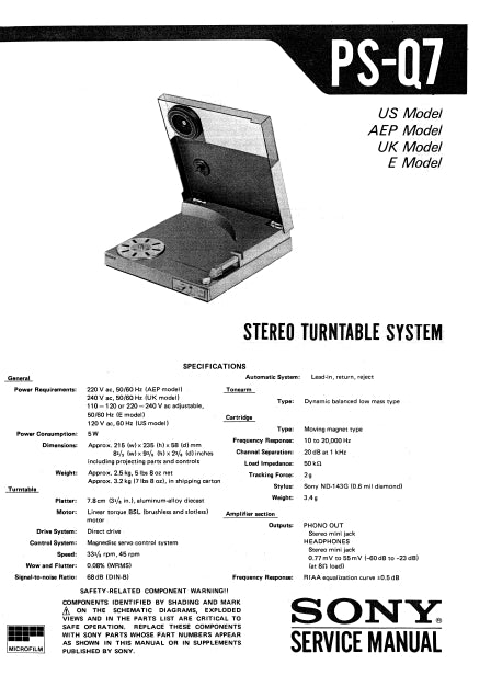 SONY PS-Q7 STEREO TURNTABLE SYSTEM SERVICE MANUAL INC SCHEM DIAGS 43 PAGES ENG