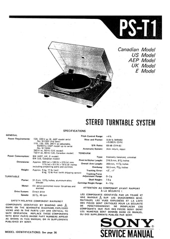 SONY PS-T1 STEREO TURNTABLE SYSTEM SERVICE MANUAL INC SCHEM DIAGS 17 PAGES ENG