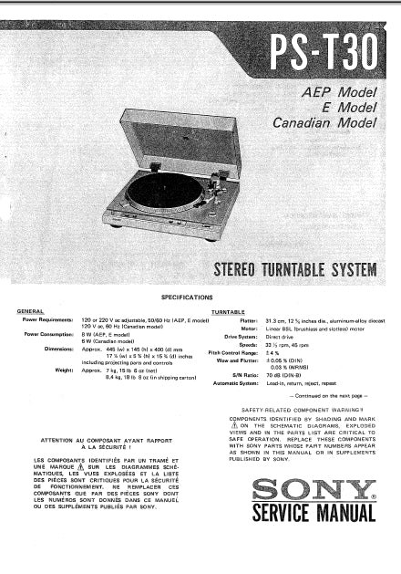 SONY PS-T30 STEREO TURNTABLE SYSTEM SERVICE MANUAL INC SCHEM DIAGS 37 PAGES ENG