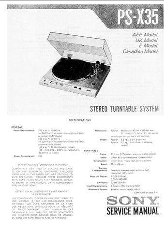 SONY PS-X35 STEREO TURNTABLE SYSTEM SERVICE MANUAL INC SCHEM DIAGS 36 PAGES ENG