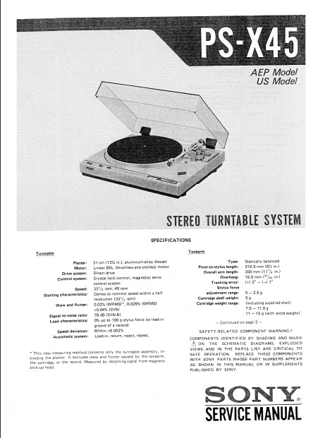 SONY PS-X45 STEREO TURNTABLE SYSTEM SERVICE MANUAL INC SCHEM DIAGS 23 PAGES ENG