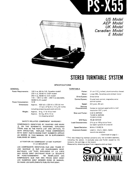 SONY PS-X55 STEREO TURNTABLE SYSTEM SERVICE MANUAL INC SCHEM DIAGS 41 PAGES ENG