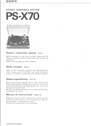 SONY PS-X70 STEREO TURNTABLE SYSTEM OWNERS INSTRUCTION MANUAL MODE D'EMPLOI BEDIENUNGSANLEITUNG MANUAL DE INSTRUCCIONES 22 PAGES ENG FRANC DEUT ESP