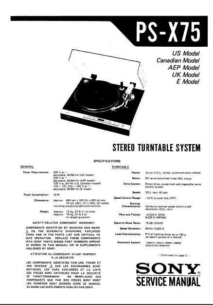 SONY PS-X75 STEREO TURNTABLE SYSTEM SERVICE MANUAL INC SCHEM DIAGS 37 PAGES ENG