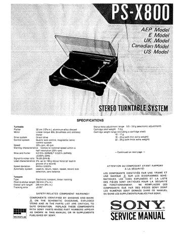 SONY PS-X800 STEREO TURNTABLE SYSTEM SERVICE MANUAL INC SCHEM DIAGS 72 PAGES ENG