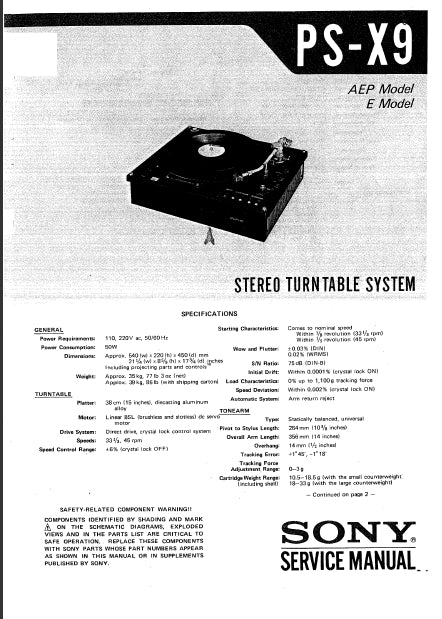 SONY PS-X9 STEREO TURNTABLE SYSTEM SERVICE MANUAL INC SCHEM DIAGS 46 PAGES ENG