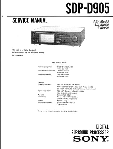 SONY SDP-D905 DIGITAL SURROUND PROCESSOR SERVICE MANUAL INC SCHEM DIAGS 33 PAGES ENG